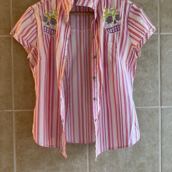 No Boundaries 90s Y2K Pink Striped Embroidered Skeleton Skull Button Down M/L - Picture 1 of 16